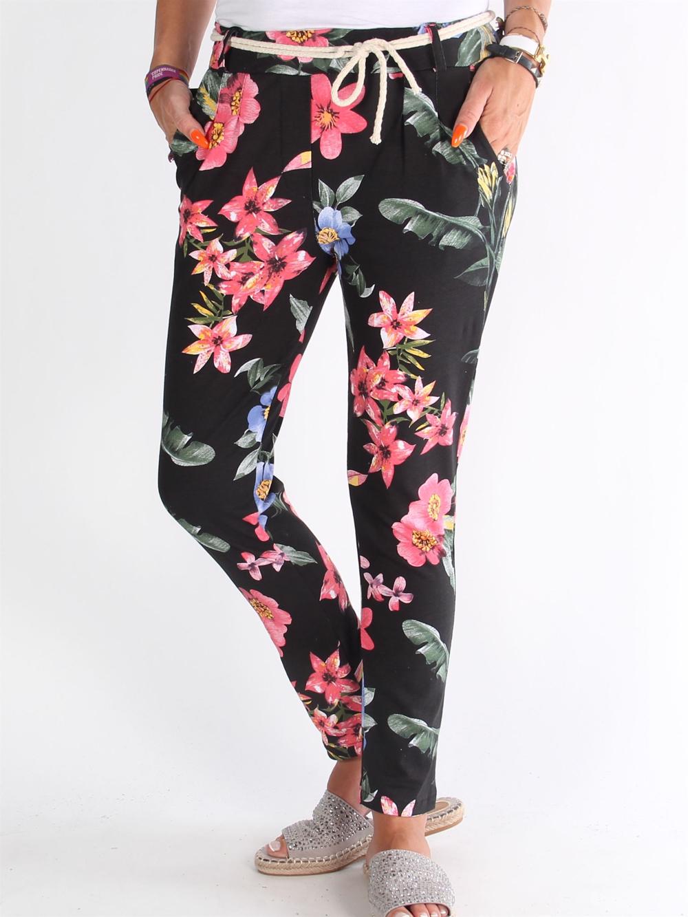 Milu - Sorte joggingbukser med blomster og bindebånd i livet